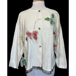 Vintage Shane Lee Christmas Tree Lights Fringe Hem Cardigan Sweater Womens XXL